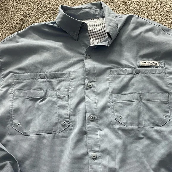 Columbia Mens Powder Blue Pfg Upf Button Up Long Sleeve Shirt Size Large - Picture 4 of 7